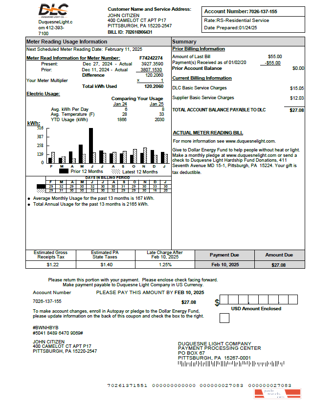 USA Duquesne Light Company utility bill template in Word and PDF formats